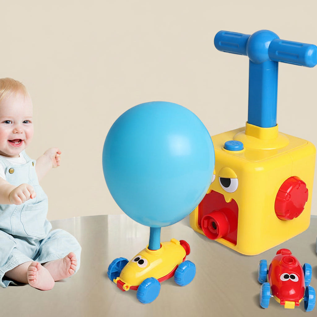 A child is playing with a toy that inflates a balloon.