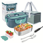 Electric lunchbox with food compartments, utensils, and packaging on a white background